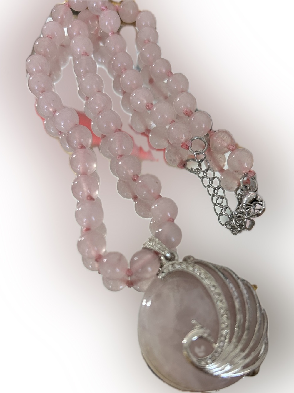 Pink Rose Quartz Beaded Pendant Necklace lobster clasp silver bird feather